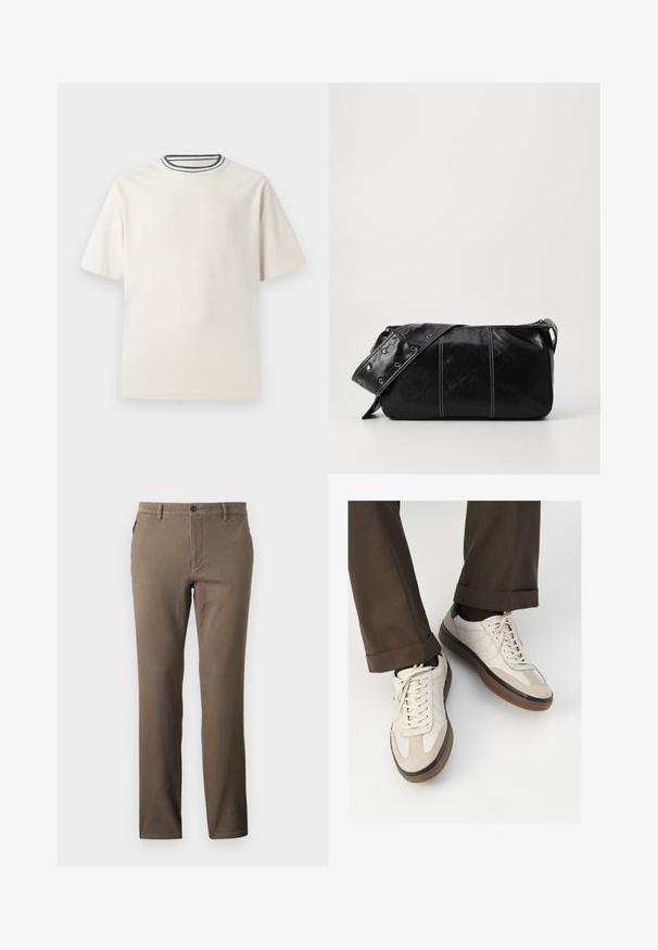 Krémové bavlnené tričko s krátkymi rukávmi, s okrúhlym výstrihom doplneným námorníckymi a bielymi pruhmi. Hladká textúra, voľný strih.; Hnedé nohavice rovného strihu vyrobené z bavlny s hladkou textúrou, s prednými vreckami a jedným gombíkom na zapínanie v páse.; Béžové tenisky s textúrovanou zamšovou prednou časťou, hladkými koženými bočnými stranami a hnusou gumovou podrážkou. Obsahujú šnúrky a svetlé stehy ako detail.; Čierna kožená kabelka cez plece so zipsovým uzáverom, so štruktúrovaným telom, bielym prešívaním a popruhom so striebornými očkami.