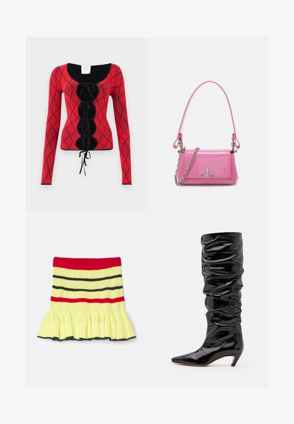 Top lungo a maniche lunghe lavorato a maglia rossa, caratterizzato da un motivo a diamante, dettagli neri, scollatura a girocollo e un laccio anteriore con fiocchi.; Gonna in maglia gialla con strisce rosse, nere e grigio scuro. Presenta un orlo arricciato e una texture a coste in vita.; Stivale nero, lucido, fino al ginocchio, con una texture arricciata, punta affilata e tacco a cono basso. Materiale liscio con una leggera lucentezza.; Borsa a mano in pelle verniciata rosa con forma rettangolare, tracolla a catena removibile e dettaglio in hardware argentato sul davanti.