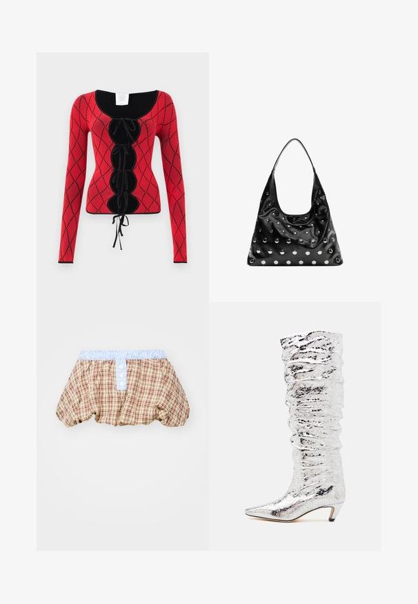 Rød strikket langærmet top med diamantmønster, sorte accenter, bådudskæring og snøre detalje foran med bindebånd.; Ternede puffede shorts i brun, beige og rød med en lyseblå stribet taljeelastik og knapdetaljer foran.; Sølv knæhøje støvler med krøllet tekstur, spids tå og lav hæl. Fremstillet af skinnende materiale med en reflekterende overflade.; Sort læder håndtaske med en afslappet form, der har sølvfarvede, runde nitter og en enkelt skulderrem. Glat tekstur og blank finish.