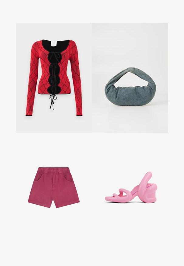 Punainen neulotut pitkähihaiset toppi, jossa on timanttikuosi, mustat yksityiskohdat, pyöreä pääntie ja edessä nauhoituksella varustettu yksityiskohta.; Housut fuksia-värissä, valmistettu pehmeästä kankaasta, jossa on joustava vyötärö, kaksi sivutaskua ja suora leikkaus reiden keskivaiheille.; Vaaleanpunaiset veistokselliset korkokengät, joissa on aaltoileva muotoilu ja paksu korko, valmistettu sileästä muovista, jossa on aukkoja varvasalueella.; Sininen farkkureppu, jossa on pehmustettu, pyöreä muoto ja kaareva kahva. Kankaan pinta on pehmeä, ja siinä on näkyvää ommeltavaa sekä sileä viimeistely.