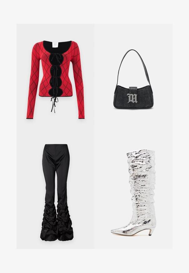 Sarkans adīts garām piedurknēm tops ar dimanta rakstu, melniem akcentiem, apaļu kakla izgriezumu un priekšējo auklu detaļu ar saitēm.; AVAVAV PLEATED TROUSER - Auduma bikses - black; Sudraba ceļgala augstuma zābaki ar krunkotu tekstūru, norakstītu pirkstu un zemu papēdi. Izgatavoti no spīdīga materiāla ar atstarojošu virsmu.; MISBHV SHOULDER BAG MINI - Rokassoma - black
