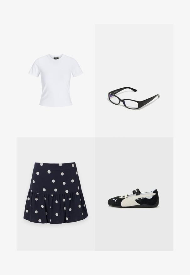 Bijela majica kratkih rukava s okruglim izrezom, izrađena od pamučnog materijala, s prilagođenim siluetom i crnom oznakom marke unutar ovratnika.; Navy plava suknja od skater stila izrađena od lagane tkanine s lepršavim rubom. Ima velike bijele točkice i elastičnu bódu.; Crne i krem cipele izuzetno lagane težine s nubuk gornjištem, ravnim đonom, elastičnim trakama i malim logotipom na prstima.; Crne pravokutne naočale s prozirnim lećama. Sjajni finiš, uske krakove i ljubičastu nijansu vidljivu na rubovima leća.