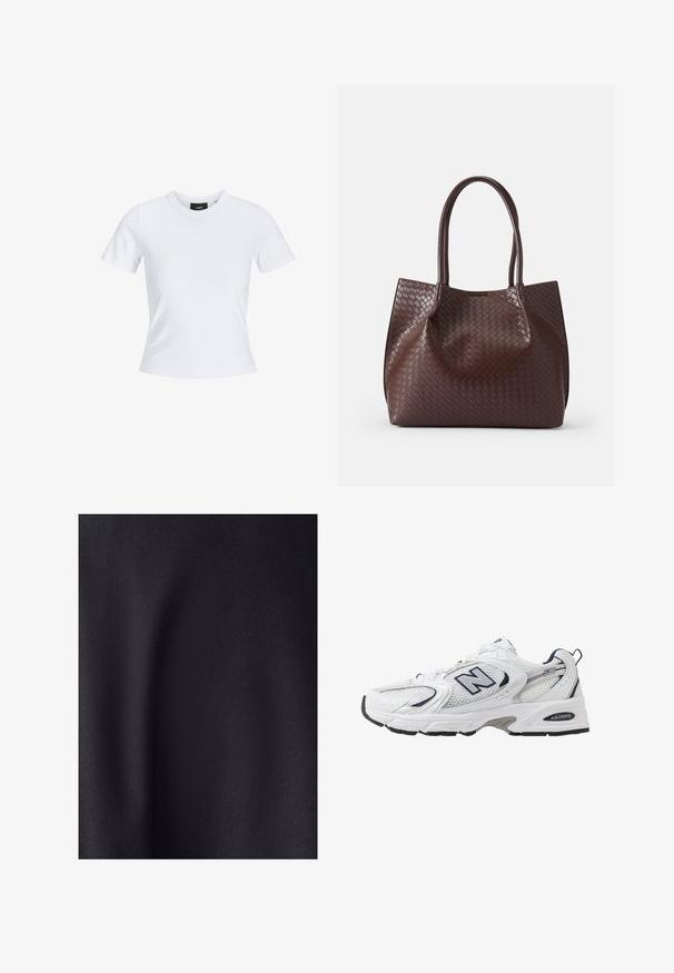 Balta trumpa rankovėmis marškinėliai su apvaliu iškirpimu, pagaminti iš medvilnės, su prigludusia siluetu ir juoda prekės ženklo etikete apykaklėje.; Juodas audinys su lygiu, matinio paviršiaus tekstūra. Paviršius šiek tiek blizga, išryškindamas smulkų audimą ir neturintis matomų raštų ar akcentų.; Balti sportiniai batai su tinkliniu viršumi, tamsiai mėlynais akcentais ir paminkštintu padu. Yra "N" logotipas, raišteliai ir tekstūruota detalė šone.; Ruda pintinė iš odos su dviem rankenomis, pasižyminti tekstūruota paviršiumi ir atvira viršuje. Minimalistinis dizainas be papildomų detalių.