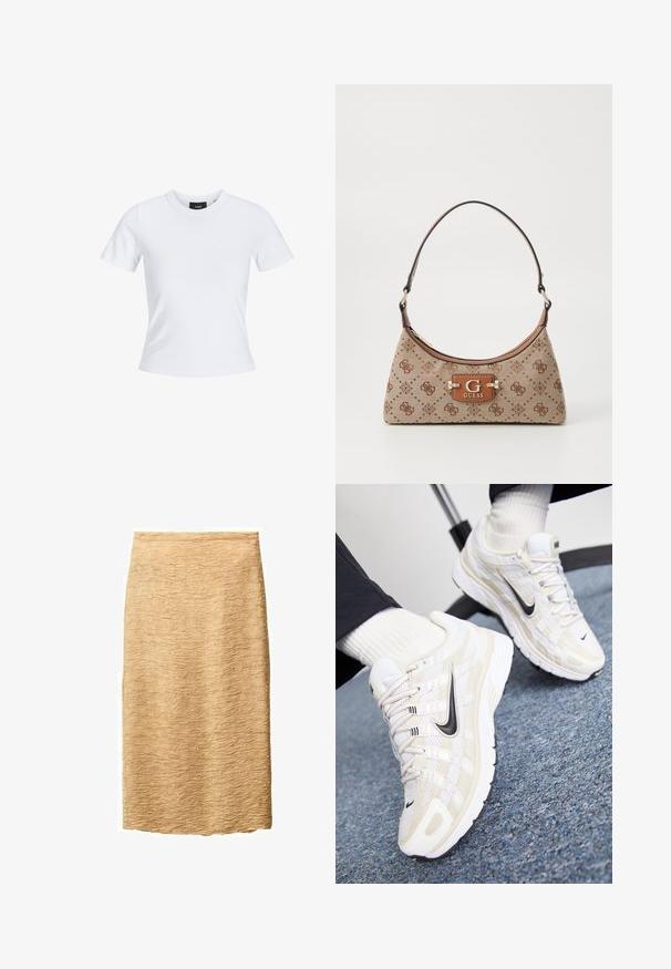 Weißes T-Shirt mit kurzen Ärmeln und Rundhalsausschnitt, aus Baumwollmaterial gefertigt, mit taillierter Silhouette und einem schwarzen Markenlabel im Kragen.; Beige Bleistiftrock mit texturierter Oberfläche, die ein dezentes Wellenmuster aufweist. Knielang und aus einem leichten Stoff gefertigt.; Weiße und beige Nike-Sneaker mit einem Obermaterial aus Mesh, strukturiertem Overlay, schwarzem Swoosh und einer gepolsterten Sohle mit rutschfester Außensohle.; Beige Stofftasche mit braunen gemusterten Akzenten. Sie hat eine geschwungene Form, einen einzelnen Tragegurt und ein Logo-Schild an der Vorderseite mit silberner Hardware.