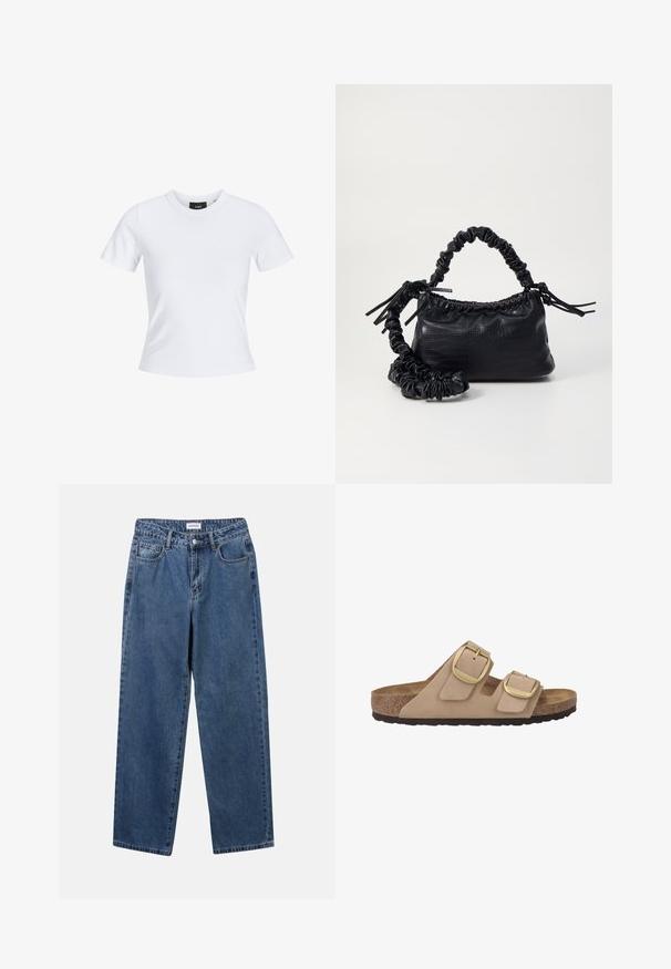 Maglietta bianca a maniche corte con scollatura rotonda, realizzata in cotone, caratterizzata da una silhouette aderente e un'etichetta nera del marchio all'interno del colletto.; Jeans in denim blu classico con design a gamba dritta, cinque tasche e chiusura con bottone. Presentano un lavaggio medio e una trama robusta.; Sandalo beige a due strap con tomaia in morbida suede, fibbie in metallo dorato, soletta in sughero e suola in gomma testurizzata.; Borsa a tracolla in ecopelle nera con texture a coccodrillo, apertura cinchata e tracolla arricciata. Si presenta con un design morbido e compatto.