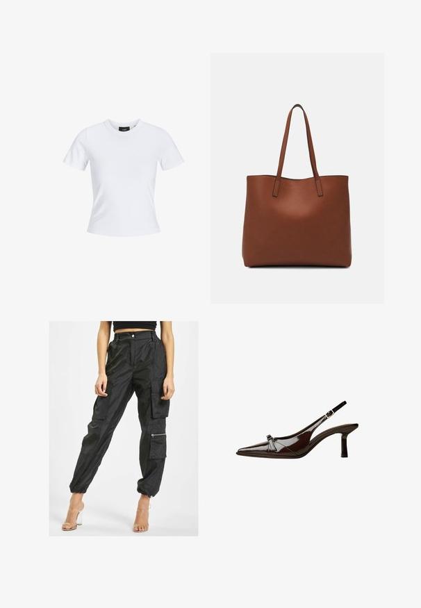 White short-sleeve t-shirt with a round neckline, made of cotton material, featuring a fitted silhouette and a black brand label inside the collar.; Black cargo pants made from lightweight fabric feature multiple pockets, elastic cuffs, and a zip pocket on the side for added functionality.; Brown patent leather slingback shoe with pointed toe, low heel, and a decorative bow accent on the front. Smooth, shiny texture.; Brown leather tote bag with a smooth texture, open top design, and two shoulder straps. Features minimal stitching and no visible hardware.