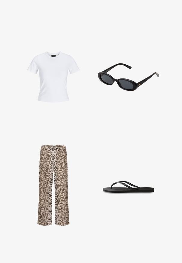 Weißes T-Shirt mit kurzen Ärmeln und Rundhalsausschnitt, aus Baumwollmaterial gefertigt, mit taillierter Silhouette und einem schwarzen Markenlabel im Kragen.; Leopardenmuster-Hosen aus leichtem Stoff mit weitem Beinschnitt und Kordelzugbund. Dominante Farben sind Beige, Braun und Schwarz.; Schwarze Flip-Flops mit einer strukturierten Gummisohle, zwei schlanken Riemen und einem dezenten, geprägten Logo-Detail auf dem Riemen.; Schwarze, oversized Sonnenbrillen mit ovalen Gläsern, glattem Kunststoffrahmen und goldenen Akzenten an den Bügeln. Die dunklen Gläser bieten Sonnenschutz.