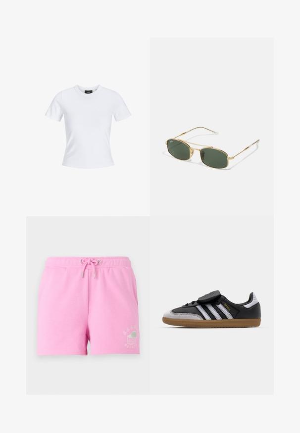 Bílý krátký rukáv tričko s kulatým výstřihem, vyrobené z bavlny, s přiléhavým střihem a černou značkovou nálepkou uvnitř límce.; Růžové bavlněné kraťasy s elastickým pasem a šňůrkou, na spodní straně s bílou potiskem gelato poháru.; Černé kožené a šedé semišové tenisky s bílými pruhy, gumovou podrážkou, šněrováním v přední části a suchým zipem. Značka "Samba" v zlaté barvě.; Zlaté sluneční brýle s zelenými skly, vyznačující se ostrým tvarem a štíhlými nohami. Design zahrnuje tenký rám a decentní branding na skle.