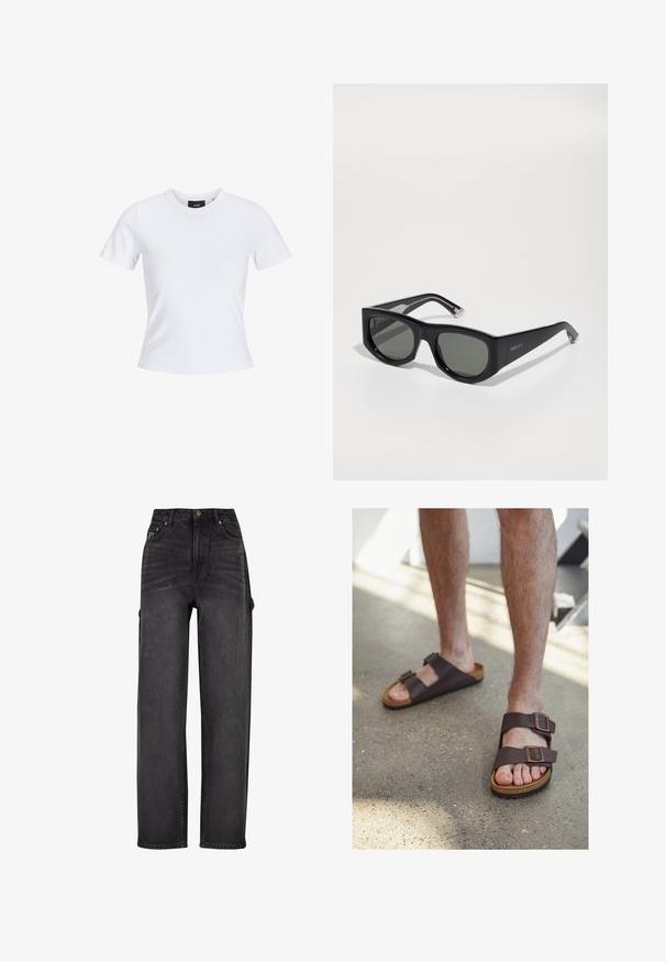 Valge lühikeste varrukatega t-särk ümmarguse kaelusega, valmistatud puuvillast materjalist, millel on keha lähedane lõige ja must brändi silt kaela sees.; Kõrge vöökohaga mustad cargo teksad laia jala disainiga, küljetaskud ja õrnade pleekimiste üksikasjad. Vastupidav kangas ja kontrastne õmblus.; Pruunid nahast sandaalid, millel on kaks reguleeritavat messingit, korkjalats ja tekstureeritud kummitald, kantud paljaste jalgadega betoonpõrandal.; Mustad mustad prillid tumedate läätsedega. Valmistatud plastikust sujuva viimistlusega. Omavad hõbedast kaunistusi tempetes ja brändi logo.