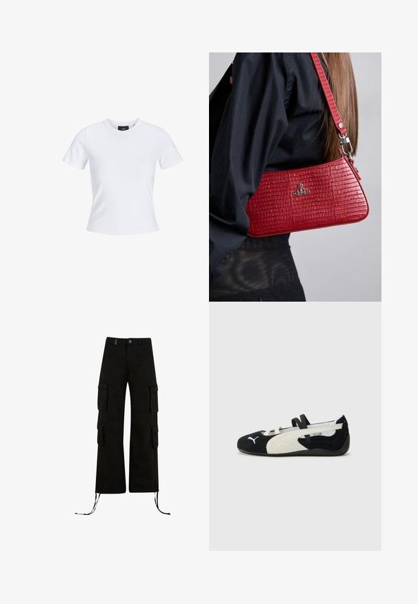 Valge lühikeste varrukatega t-särk ümmarguse kaelusega, valmistatud puuvillast materjalist, millel on keha lähedane lõige ja must brändi silt kaela sees.; Mustad laiad cargo püksid, mis on lõdva lõikega, külgedel on cargo taskud, paelteraga varrukad ja nupuga kinnitamine vööl.; Must värvi ja kreemivalge üliieelisega king, millel on sametise pealmine osa, lame tald, elastsed rihmad ja väike logo varbad.; Punane krokodillimustriga käekott, millel on sujuv kolmnurkne kuju ja eemaldatav rihm, millel on hõbedased detailid ja logo.