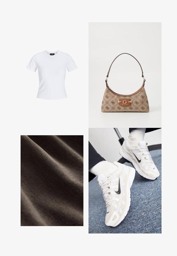 Vit t-shirt med kort ärm och rund halsringning, tillverkad av bomullsmaterial, med en figursydd silhuett och en svart märkesetikett inuti kragen.; Mörkbrunt tyg med en slät, texturerad yta, med subtila rynkor och en mjuk, matt finish. Perfekt för olika textilapplikationer.; Vita och beige Nike-sneakers med ett meshinredning, texturerad överdel, svarta swoosh och en dämpad sula med greppvänlig yttersula.; Tote-väska i beige tyg med brunmönstrade detaljer. Har en rundad form, ett enskilt handtag och en logotavla på framsidan med silverfärgad hårdvara.