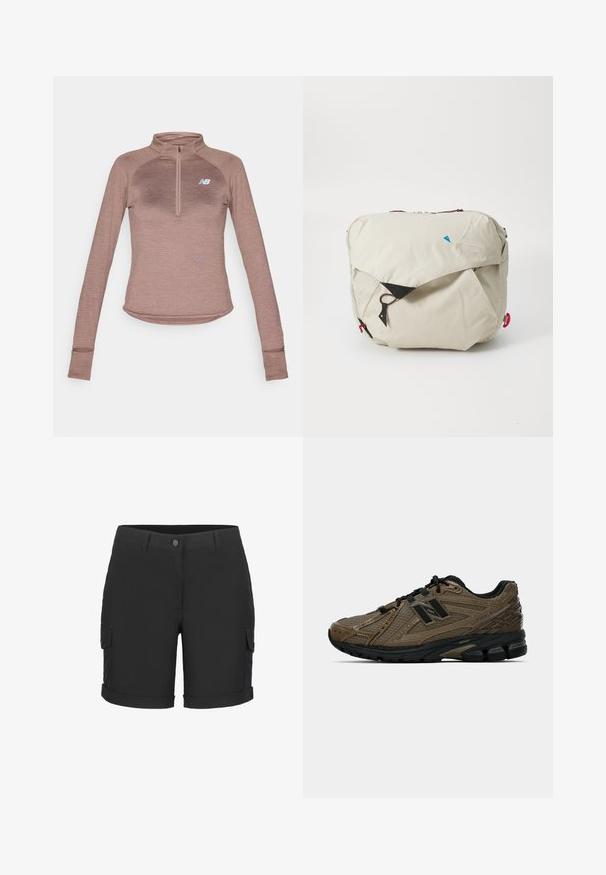New Balance ATHLETICS GRID 1/2 ZIP - Langarmshirt - earth shadow heather; Schwarze Cargo-Shorts mit Knopfverschluss, umgeschlagenem Saum und mehreren Seitentaschen, aus leichtem Stoff gefertigt.; Brauner Laufschuh mit strukturiertem Mesh-Obermaterial, schwarzen Akzenten und gepolsterter Sohle. Verfügt über ein Schnürsystem und ein schlankes Design.; Hellbeige Umhängetasche mit strukturierter Oberfläche, mit einem schwarzen Akzent, roten Beschlägen und einem blauen Logo. Reißverschlussverschluss oben.