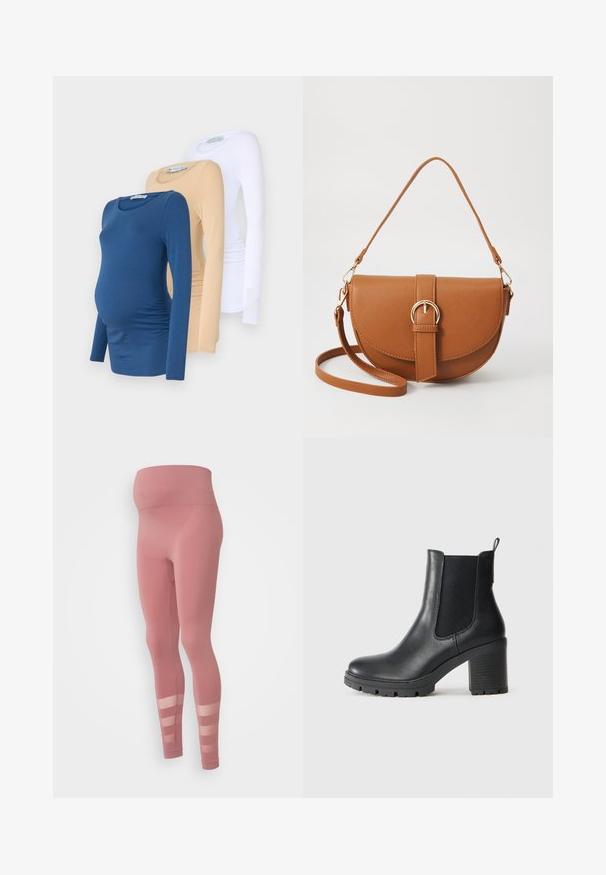 Drie langemouwen zwangerschapsbloesjes in blauw, beige en wit. Gemaakt van zachte stof met een getailleerd ontwerp en zijrimpelingen voor extra comfort.; Roze leggings met een naadloze hoge tailleband, met een doorschijnende gestreepte uitsnijding aan de onderbenen. Gemaakt van rekbare, gladde stof.; Zwarte leren enkellaars met elastische zijpanelen, robuuste rubberen zool en een hoge blokhak. Beschikt over een trekband aan de achterkant.; Bruine leren schoudertas met een gebogen vorm, gouden hardware en een gespaccent. Bevat een afneembare schouderriem.