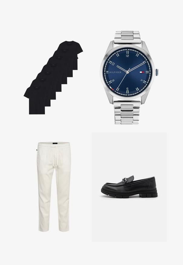 Nyolc darabból álló fekete pamut pólókészlet rövid ujjakkal és kerek nyakkal, sima kialakítással és puha felülettel.; Fehér, könnyű pamut joggerek rugalmas derékkal, húzózsinórral és laza szabással. Simaság jellemzi, minta vagy díszítés nélkül.; Fekete bőr mokaszín, lekerekített orral, díszes pánttal és fém kiegészítővel, valamint vastag, texturált talppal. Simább felület, finom részletezéssel.; Ezüst színű fém óra kék, kefélt számlappal, fehér órijjelezőkkel és dátumkijelzővel. Fém, láncolt szíj és márkalogó jellemzi.; Ezüst lánc nyaklánc, vastag gyűrűkkel és középen egy részletes díszítéssel ellátott kör alakú medállal. Simára polírozott, fényes fémfelület.