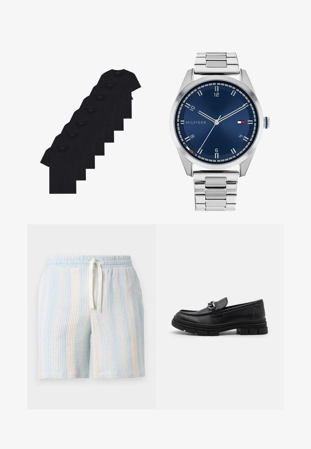 Set di otto t-shirt nere in cotone con maniche corte e collo a giro, caratterizzate da un design semplice e una texture morbida.; Pantaloni corti leggeri e texturizzati con un motivo a righe blu e bianche. Presentano un elastico in vita e una chiusura con coulisse.; Mocassino in pelle nera con punta arrotondata, una fascia decorativa e accessori in metallo, e una suola spessa e testurizzata. Finitura liscia con dettagli sottili.; Orologio in metallo argentato con quadrante blu spazzolato, indici bianchi e display della data. Dotato di un bracciale metallico a maglie e logo del marchio.; Collana in argento con maglie spesse e un pendente circolare centrale caratterizzato da dettagli intricati. Superficie metallica liscia e riflettente.