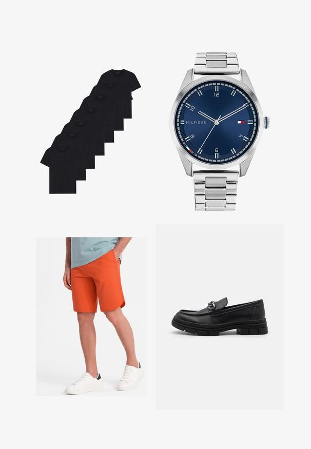 Conjunto de ocho camisetas de algodón negro con mangas cortas y cuellos redondos, con un diseño liso y una textura suave.; Pantalones cortos naranjas de tela suave con una textura lisa, que cuentan con bolsillos laterales y un dobladillo curvado, combinados con zapatillas blancas.; Mocasín de cuero negro con punta redondeada, una correa decorativa con herrajes y una suela gruesa y texturizada. Acabado suave con detalles sutiles.; Reloj de metal plateado con una esfera azul cepillada, marcadores de hora blancos y una pantalla de fecha. Presenta una pulsera metálica articulada y el logo de la marca.; Collar de cadena plateada con eslabones gruesos y un colgante circular central con intrincados detalles. Superficie de metal lisa y reflectante.