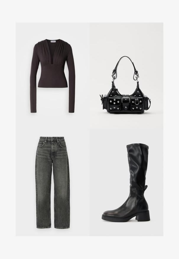 Juodas ilgomis rankovėmis viršus su giliu V formos iškirpimu ir susiraukšlėjimais ant peties, pagamintas iš minkštos medžiagos, prigludęs ties juosmeniu.; Won Hundred ALEXANDRA - Laisvo kirpimo džinsai - tinted black; Juodi iki kelių batai, pagaminti iš lygaus odos, su storu kulnu, apvaliu pirštu ir siuvinėjimu palei siūles.; Juodas odinis rankinukas su kreiviu dizainu, su sidabro spalvos knopkėmis, užsegimu ir dviem šoninėmis kišenėmis. Reguliuojama dirželis nešimui.