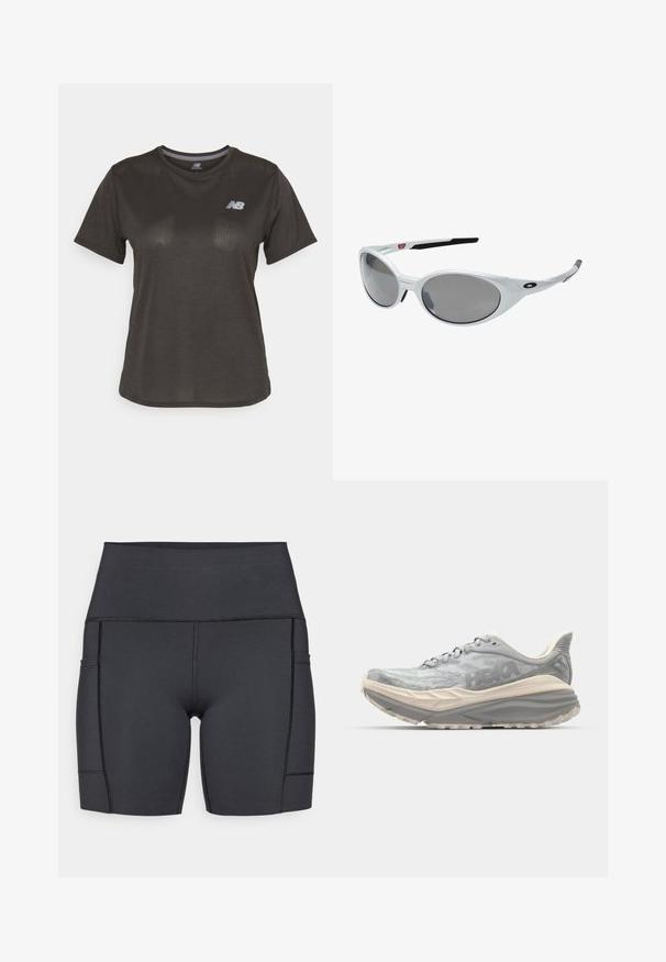 T-shirt de sport noir à manches courtes, fabriqué en tissu léger. Présente un motif texturé subtil et un petit logo blanc sur la poitrine.; Shorts noirs taille haute en tissu extensible, dotés de poches latérales, de coutures planes et d'une texture lisse pour un confort optimal lors des activités.; Baskets de course gris clair avec une tige en mesh texturé, une semelle épaisse et rembourrée, et un talon renforcé. Comprend des lacets plats et un logo discret.; Lunettes de soleil en plastique blanc avec de grandes lentilles ovales, teintées en gris. Caractéristiques de plaquettes noires et d'un petit logo sur la monture. Fini lisse.