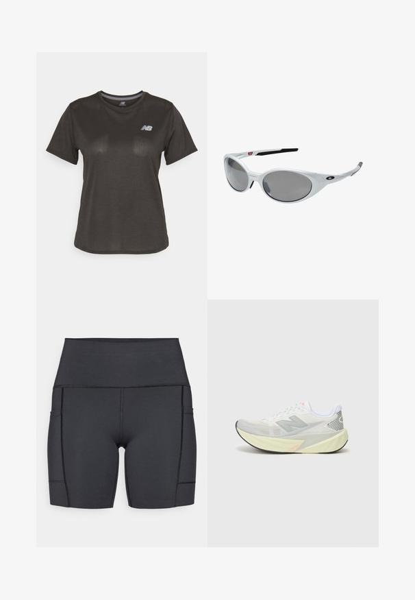 Juodas sportinis marškinėliai trumpomis rankovėmis, pagaminti iš lengvos medžiagos. Turi subtilų tekstūrinį raštą ir mažą baltą logotipą ant krūtinės.; Juodos aukštu liemeniu šortai, pagaminti iš elastingos medžiagos, su šoninėmis kišenėmis, lygiomis siūlėmis ir glotnia tekstūra, užtikrinančia komfortą atliekant veiklas.; Lengvas bėgimo batelis su pilkai balta tinklelio viršutine dalimi, išryškintu 'N' logotipu ir geltona vidurio dalimi su kampuotais akcentais. Juodas padas.; Baltos plastikinės saulės akiniai su dideliais ovaliais objektyvais, pilkai nudažyti. Turime juodas ausis laikančias dalis ir mažą logotipą ant rėmelio. Lygus paviršius.
