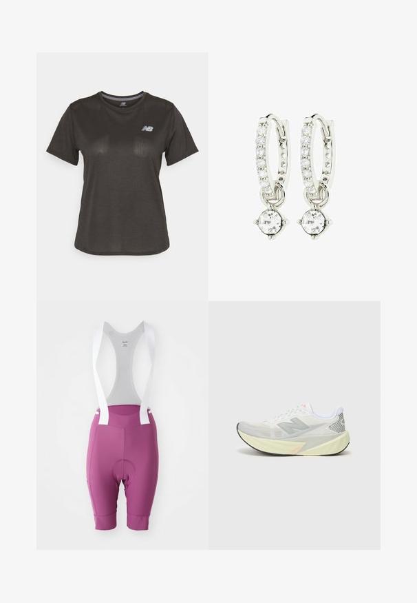 Čierne športové tričko s krátkymi rukávmi, vyrobené z ľahkej tkaniny. Má jemný štruktúrovaný vzor a malé biele logo na hrudi.; Cyklistické nohavice s trakmi v tmavoružovej látke s bielymi pásikmi, s vypchávkou na sedadle a aerodynamickým dizajnom pre pohodlie a výkon.; Ľahká bežecká obuv s šedo-bielou sieťovinou, výrazným logom 'N' a žltou medzipodrážkou s šikmými akcentmi. Čierna podrážka.; Strieborné kruhové náušnice s radom čírych kamienkov a okrúhlym kryštálovým príveskom visiacim z každého. Lesklý kov, elegantný dizajn.