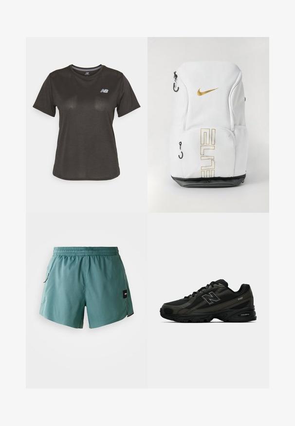 T-shirt atlético preto com mangas curtas, feito de um tecido leve. Apresenta um padrão texturizado subtil e um pequeno logotipo branco no peito.; Calções de cor aquamarinha feitos de tecido leve, com um cós elástico, bolsos laterais e uma etiqueta no lado esquerdo.; Sapatilhas atléticas pretas com um upper sintético texturizado, apresentando uma sola almofadada e um proeminente logotipo "N" de um lado. O design inclui secções de malha leve.; Mochila Nike em branco com logótipo dourado e texto "ELITE", fechos com zip e bolsos laterais em rede, e base inferior preta. Textura suave.