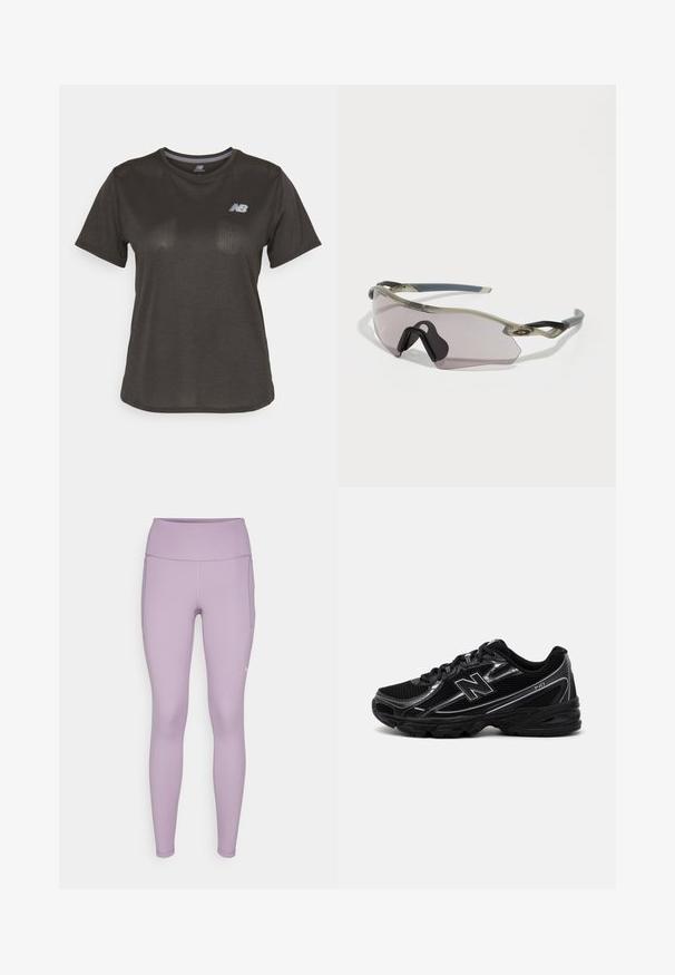 Schwarzes Sport-T-Shirt mit kurzen Ärmeln, aus leichtem Stoff hergestellt. Verfügt über ein dezentes strukturiertes Muster und ein kleines weißes Logo auf der Brust.; Lilafarbene Sportleggings mit hohem Bund, aus einem glatten, dehnbaren Stoff und seitlichen Taschen für zusätzlichen Komfort. Minimale Markenkennzeichnung am Bein.; Schwarzer Sportschuh mit Mesh-Obermaterial, silbernen Akzenten, gepolsterter Sohle und Schnürverschluss. Merkmale sind eine abgerundete Zehe und ein strukturiertes Profil.; Sonnenbrille mit einem durchscheinenden grauen Rahmen, getönten Gläsern und angularer Form. Verfügt über ein markantes Nasenteil und strukturierte, dunkelgraue Bügel.