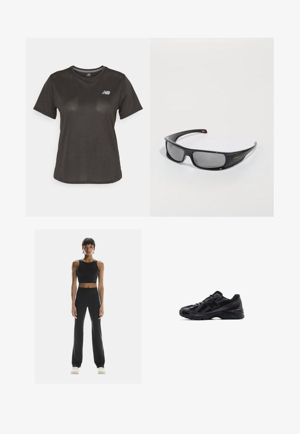 Svart atletisk t-shirt med korta ärmar, tillverkad av lättviktsmaterial. Har ett subtilt texturerat mönster och en liten vit logotyp på bröstet.; On STUDIO - Tights - black; Svarta träningsskor med ett mesh-övre och syntetiska överdrag, med en texturerad sula och reflektorerande detaljer för synlighet.; Svarta Oakley-wraparound-solglasögon med mörka rektangulära linser och böjda armar på en helt vit bakgrund.