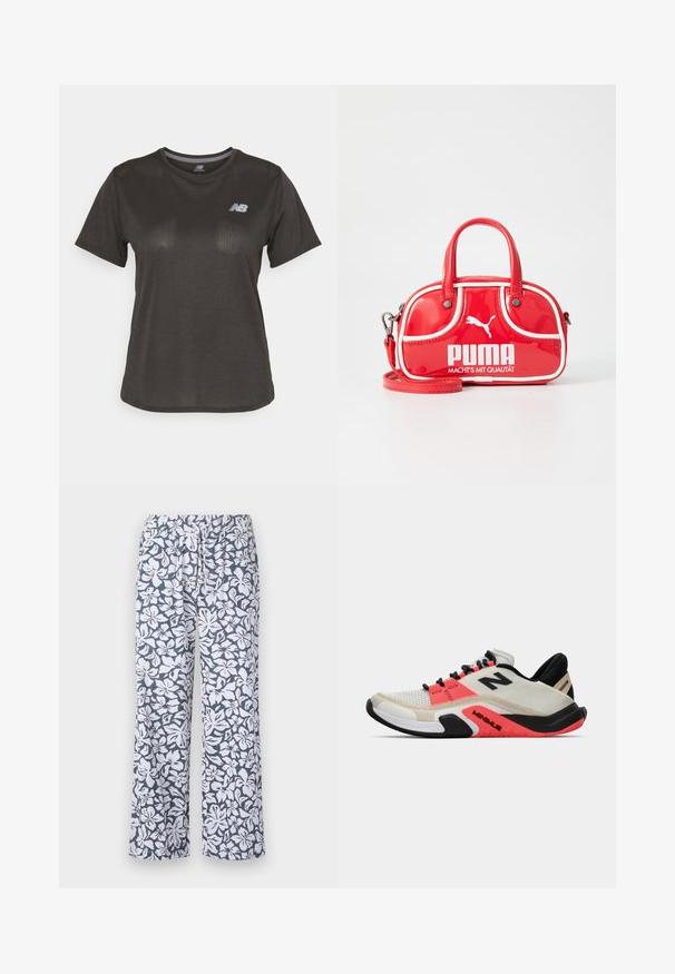 T-shirt de sport noir à manches courtes, fabriqué en tissu léger. Présente un motif texturé subtil et un petit logo blanc sur la poitrine.; Imprimé floral blanc sur tissu bleu marine, matériau léger, taille élastique, design à jambes larges et coupe décontractée. Convient pour un port décontracté.; New Balance MINIMUS TR - Chaussures fitness - sea salt; Mini sac à main en cuir verni rouge avec des accents blancs, de forme arrondie, double anses, bandoulière amovible et logo PUMA bien visible.