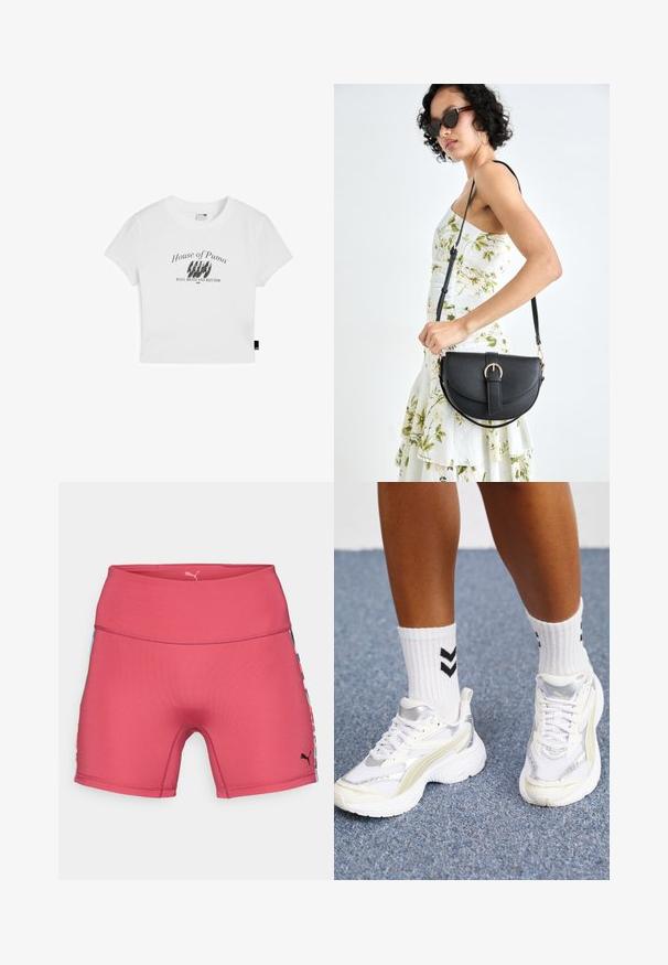 Fehér, pamutból készült, rövidített t-shirt, amely fekete grafikával van díszítve, olvasható rajta a "House of Puma" felirat és a "BASS, BEATS AND RHYTHM" kifejezés.; Rózsaszín sportnadrág magas derékkal, színes mintával ellátott oldalsó panelekkel és fekete logóval a jobb alsó oldalon.; Fehér sportcipők ezüst kiegészítőkkel, hálós anyagból, és masszív dizájnnal. Fehér zoknikkal párosítva, melyeken fekete chevron minták találhatók.; Fekete bőrtáska ívelt formával, levehető pánttal és arany színű fémrészekkel. A táskán egy csattal díszített fedél található.