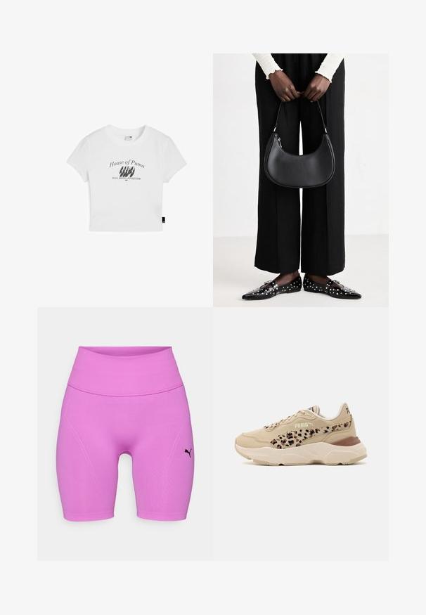 Bílý zkrácený tričko z bavlny s černým grafickým potiskem, který zní "House of Puma" a frází "BASS, BEATS AND RHYTHM."; Růžové sportovní šortky s vysokým pasem, hladkým povrchem a černým logem. Mají přiléhavý střih a švové detaily.; Beige tenisky s texturovaným svrškem, se vzorem leopardího kožichu na boku, polstrovaným límcem a masivní bílou podrážkou.; Černá kožená kabelka přes rameno s kulatým tvarem, lesklým povrchem a stříbrnými kovovými prvky. Osoba v černých širokých kalhotách a s ozdobenými mokasíny.