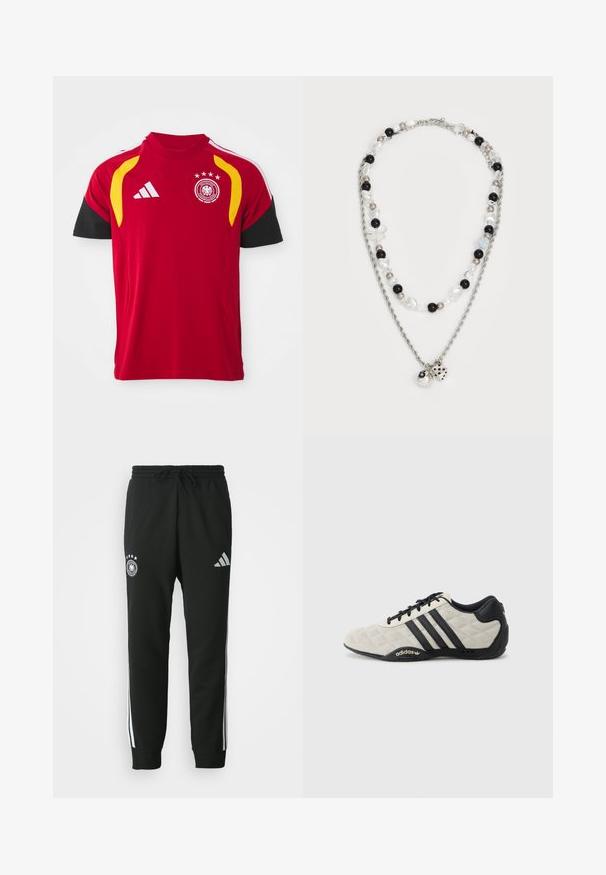 Rode Duitse nationale voetbalshirt met zwarte mouwen, gele schouderaccenten, Adidas-logo en team-embleem met vier sterren op de borst.; Zwarte sweatpants met een trekkoord in de taille, voorzien van witte zijstrepen, een embleem met vijf sterren en een Adidas-logo op de dij.; Adidas sportschoen met een gestructureerde, lichtgrijze bovenkant en zwarte leren accenten. Voorzien van een zwart drie-strepenlogo en een gevoerde zool.; Twee-laags ketting met zilveren ketting, gemengde kralen in zwart, wit en crème, met decoratieve bedels die lijken op dobbelstenen en een bal.