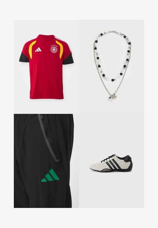 Czerwona koszulka narodowej drużyny piłkarskiej Niemiec z czarnymi rękawami, żółtymi akcentami na ramionach, logo Adidasa oraz herb zespołu z czterema gwiazdami na piersi.; Czarne spodnie sportowe z gładkiego materiału, z zielonym logo Adidas oraz kieszenią na zamek błyskawiczny z kontrastowym wykończeniem.; Buty sportowe Adidas z fakturowaną, jasnoszaro górą i czarnymi skórzanymi akcentami. Posiada czarne logo z trzema paskami i amortyzowaną podeszwę.; Naszyjnik dwuwarstwowy z srebrowego łańcuszka, mieszanką koralików w kolorach czarnym, białym i kremowym, z dekoracyjnymi zawieszkami przypominającymi kostki do gry i kulki.