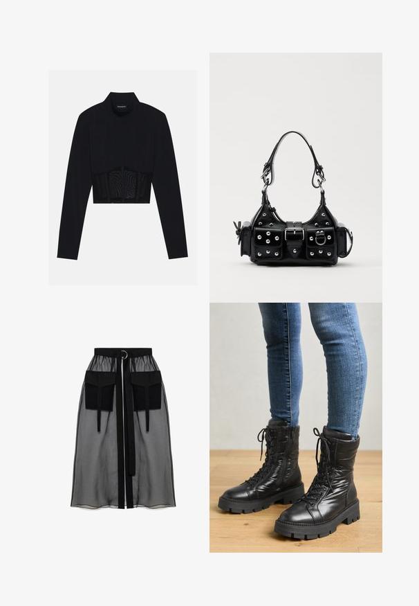 Black long-sleeve crop top featuring a high neck, a sheer mesh panel at the waist, and structured seams for a fitted design.; Black sheer skirt with a gathered waistband, featuring two large front pockets, a waist tie, and a circular metal accent.; Black mid-calf combat boots made of sleek leather with lacing, padded sides, and a thick, rugged sole. Designed with a structured shape.; Black leather handbag with a curved design, featuring silver studs, a buckle, and two side pockets. Adjustable strap for carrying options.