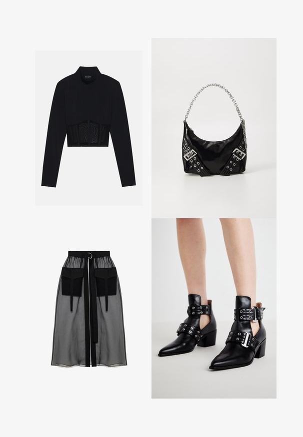 Top corto negro de manga larga con cuello alto, panel de malla transparente en la cintura y costuras estructuradas para un diseño ajustado.; Falda negra transparente con una cinturilla fruncida, que presenta dos grandes bolsillos frontales, un lazo en la cintura y un acento metálico circular.; Botas de tobillo de cuero negro con puntas afiladas, que presentan herrajes con ojales y dos correas ajustables con hebillas. Los tacones de bloque añaden estabilidad.; Bolso de mano de charol negro con asa de cadena plateada brillante, que presenta correas decorativas y ojales de metal. Forma elegante y curvada.