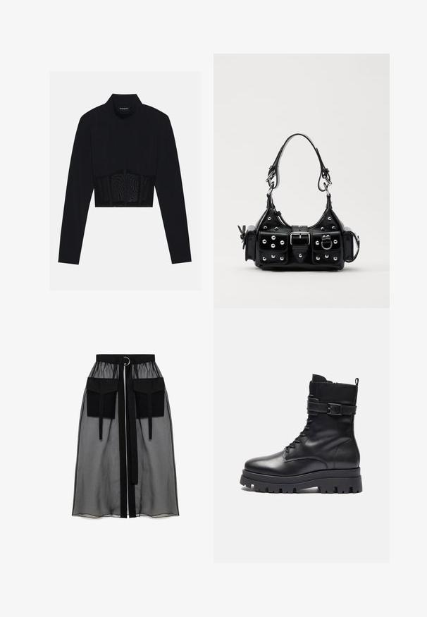 Must musta varrukatega crop top, millel on kõrge kaelus, läbipaistev võrkpaneel vöökoha juures ja struktureeritud õmblused kokkuhoidliku disaini jaoks.; Must mustriga seelik, millel on kogutud vöökoht, kaks suurt esitaskut, vöötie ja ringikujuline metallaktsent.; Must on mustast nahast ankle boot'ist, ümarate varvastega, nööpidega esiosal, külgedel pandla detail ja jäme kummitald.; Must värvi nahast käekott, millel on kaarjas disain, hõbedased nupukesed, kinnitusahe ja kaks külgtaskut. Reguleeritav rihm erinevate kandmisvõimaluste jaoks.