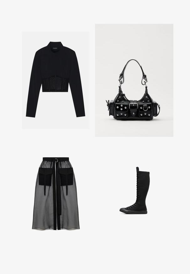 Czarny długi rękaw crop top z wysokim kołnierzem, przezroczystą siateczką w talii i dopasowanymi szwami, co tworzy elegancki krój.; Czarna przezroczysta spódnica z marszczeniem w pasie, posiadająca dwie dużej wielkości kieszenie z przodu, pasek w talii oraz okrągły metalowy akcent.; Czarne wysokie, płócienne buty za kostkę z okrągłym noskiem, zamkiem błyskawicznym i sznurowaniem z przodu. Charakteryzują się teksturowaną powierzchnią i gumową podeszwą.; Czarna skórzana torebka w zakrzywionym kształcie, z srebrnymi ćwiekami, klamrą i dwoma bocznymi kieszeniami. Regulowany pasek umożliwiający różne opcje noszenia.