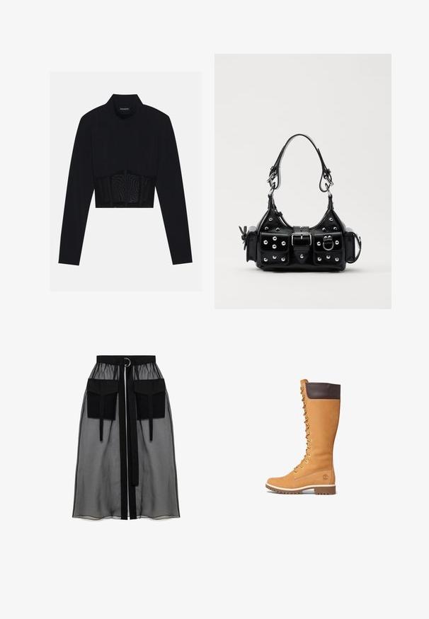 Black long-sleeve crop top featuring a high neck, a sheer mesh panel at the waist, and structured seams for a fitted design.; Black sheer skirt with a gathered waistband, featuring two large front pockets, a waist tie, and a circular metal accent.; Timberland PREMIUM - Lace-up boots - wheat; Black leather handbag with a curved design, featuring silver studs, a buckle, and two side pockets. Adjustable strap for carrying options.