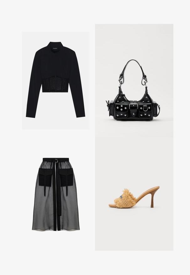 Melnā garām piedurknēm kroplika blūze ar augstu kakla izgriezumu, caurspīdīgu sieta paneli jostasvietā un strukturētām šuvēm pieguļošam dizainam.; Melnā caurspīdīgā svārka ar salikto jostasvietu, kas ietver divas lielas priekšējās kabatas, jostas saitīti un apaļu metāla akcentu.; Austīnu sietu augstpapēžu sandalēs tan krāsā ar frizētiem akcentiem un ziliem detaļām, kas aprīkotas ar noapaļotu atvērtu pirkstu un konusveida stiletto papēdi.; Melnas ādas rokturmais ar izliekumu, ar sudraba iedurtiem, sprādzi un divām sānu kabatām. Regulējams siksniņas garums dažādām nēsāšanas iespējām.