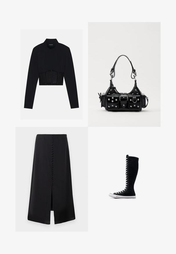 Černý dlouhý rukáv crop top s vysokým límcem, průhlednou síťovinou v oblasti pasu a strukturovanými švy pro přiléhavý střih.; Černá midi sukně vyrobená z hladké látky, s předním rozparkem a řadou malých knoflíků vzadu pro detail.; Černé vysoké tenisky s vysokým designem, vyrobené z plátna. Mají bílé šňůrky, švy a gumovou podrážku s ochranným krytem na špičce.; Černá kožená kabelka s křivkovým designem, zdobená stříbrnými hřebíky, s přezkou a dvěma bočními kapsami. Nastavitelný popruh pro různé možnosti nošení.