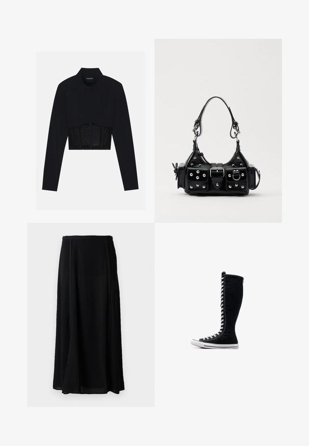 Črn dolg rokav krojen zgornji del, ki ima visok ovratnik, prosojen mrežast panel na pasu in strukturirane šive za prileganje.; Črna maksi krila iz lahkega materiala, ki ima tekočo zasnovo, enobarvno črno barvo in subtilne podrobnosti na stranskih šivih.; Črne visoke superge z visokim dizajnom, narejene iz platna. Imajo bele vezalke, šivanje in gumijast podplat z zaščito za prste.; Črna usnjena torbica s ukrivljenim dizajnom, ki vsebuje srebrne žebljičke, zaponko in dve stranski žepki. Nastavljiv trak za različne možnosti nošenja.