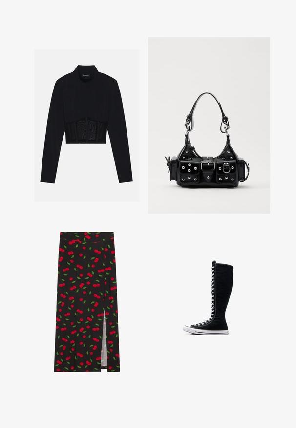 Zwarte lange mouwen crop top met een hoge hals, een doorschijnend meshpaneel op de taille en gestructureerde naden voor een aansluitend ontwerp.; Zwarte rok met een kersenprint van rode kersen en groene bladeren. Inclusief een zijspleet voor extra ontwerpelement.; Zwarte hoge sneakers met een hoge ontwerp, gemaakt van canvas. Beschikken over witte veters, stiksels en een rubberen zool met een neuskap.; Zwarte lederen handtas met een gebogen ontwerp, voorzien van zilveren studs, een gesp en twee zijvakken. Verstelbare schouderband voor verschillende draagmogelijkheden.