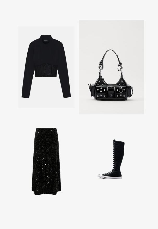 Zwarte lange mouwen crop top met een hoge hals, een doorschijnend meshpaneel op de taille en gestructureerde naden voor een aansluitend ontwerp.; Zwarte maxi rok van sequins, met een rechte silhouette en een elastische tailleband. Glanzend, textuur oppervlak met reflecterende sequins overal.; Zwarte hoge sneakers met een hoge ontwerp, gemaakt van canvas. Beschikken over witte veters, stiksels en een rubberen zool met een neuskap.; Zwarte lederen handtas met een gebogen ontwerp, voorzien van zilveren studs, een gesp en twee zijvakken. Verstelbare schouderband voor verschillende draagmogelijkheden.