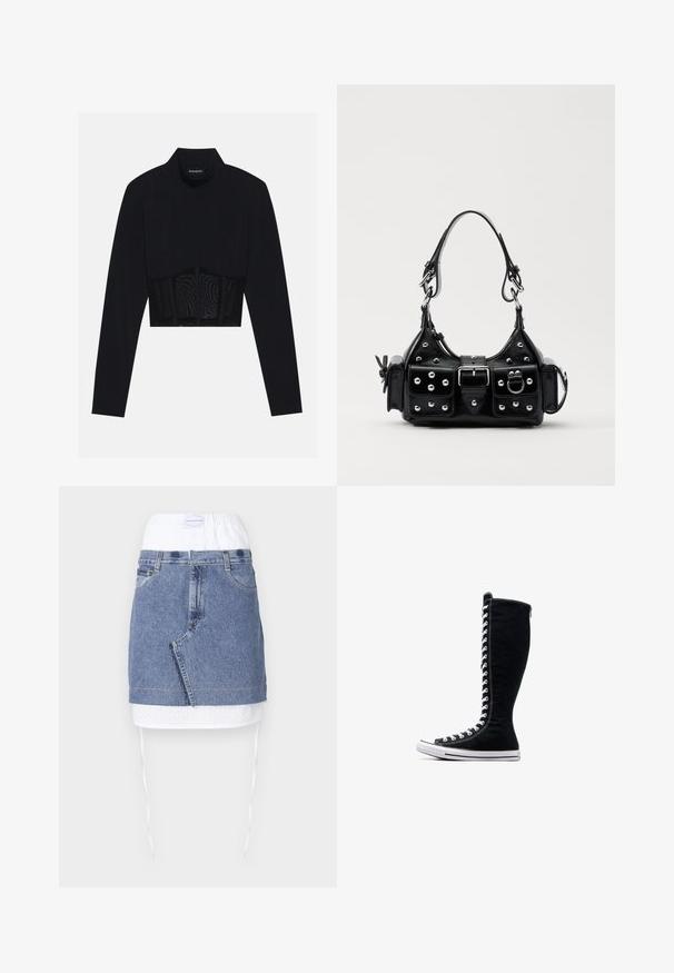 Zwarte lange mouwen crop top met een hoge hals, een doorschijnend meshpaneel op de taille en gestructureerde naden voor een aansluitend ontwerp.; Denimrok met een blauwe body, witte geperforeerde tailleband en trekkoord. Heeft voorzakken en een rechte snit met een rauwe zoom.; Zwarte hoge sneakers met een hoge ontwerp, gemaakt van canvas. Beschikken over witte veters, stiksels en een rubberen zool met een neuskap.; Zwarte lederen handtas met een gebogen ontwerp, voorzien van zilveren studs, een gesp en twee zijvakken. Verstelbare schouderband voor verschillende draagmogelijkheden.