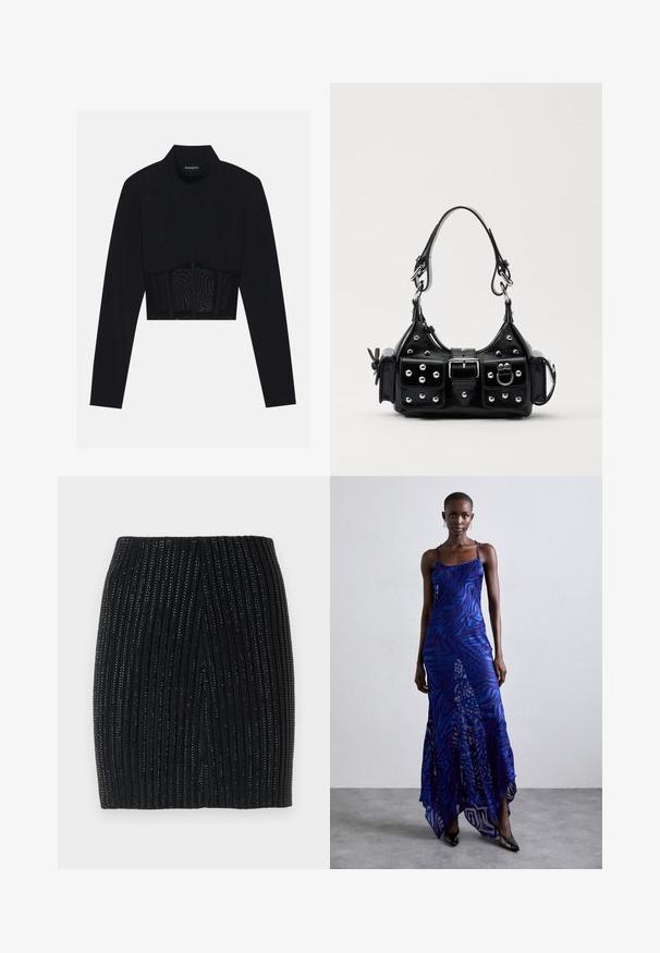 Černý dlouhý rukáv crop top s vysokým límcem, průhlednou síťovinou v oblasti pasu a strukturovanými švy pro přiléhavý střih.; Černá pletená mini sukně s vertikálním žebrováním a jemnými metalickými nitkami. Má přiléhavý střih a centrální zadní rozparek pro usnadnění pohybu.; Modré a fialové maxi šaty s potiskem zvířecí srsti, tenkými ramínky, přiléhavým živůtkem, rozšířeným spodním lemem a průhlednými detaily.; Černá kožená kabelka s křivkovým designem, zdobená stříbrnými hřebíky, s přezkou a dvěma bočními kapsami. Nastavitelný popruh pro různé možnosti nošení.