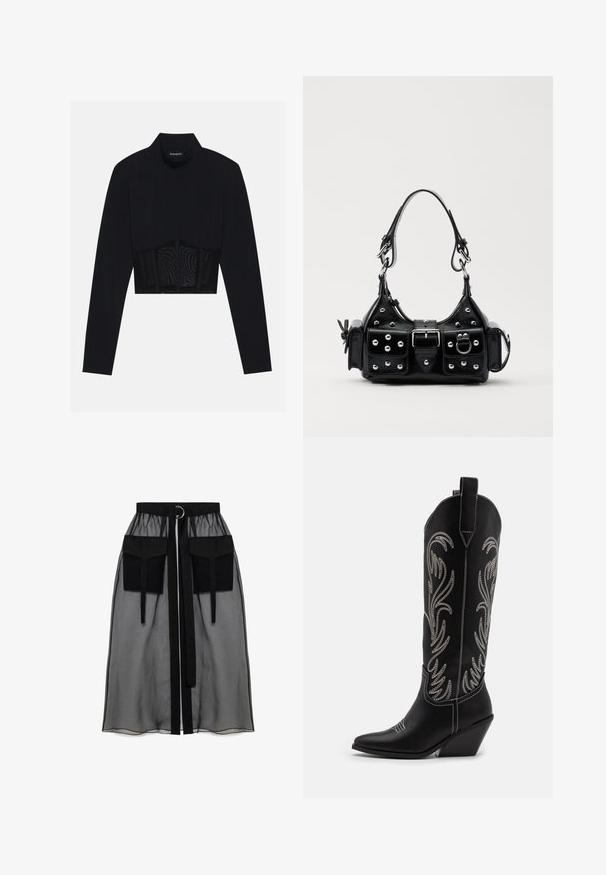 Črn dolg rokav krojen zgornji del, ki ima visok ovratnik, prosojen mrežast panel na pasu in strukturirane šive za prileganje.; Črna prozorna krila z nabranim pasom, ki ima dva velika sprednja žepa, pas za zavezovanje in okroglo kovinsko dekoracijo.; Črne usnjene kavbojske čevlje s koničastimi prsti, klinastimi petami in srebrnimi vezeninami cvetnega vzorca po vsej dolžini. Kontrastno šivanje povsod.; Črna usnjena torbica s ukrivljenim dizajnom, ki vsebuje srebrne žebljičke, zaponko in dve stranski žepki. Nastavljiv trak za različne možnosti nošenja.