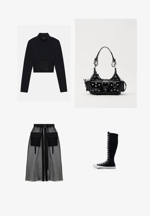 Fekete, hosszú ujjú crop top, magas nyakkal, áttetsző hálós betéttel a deréknál és strukturált varrásokkal, amelyek feszes szabást biztosítanak.; Fekete áttetsző szoknya ráncolt derékrésszel, két nagy elülső zsebbel, derékpánttal és kör alakú fém díszítéssel.; Fekete magasszárú tornacipők, magas kialakítással, vászonból készült. Fehér fűzőkkel, varrással és gumitalppal rendelkezik, melynek elülső része meg van erősítve.; Fekete bőr kézitáska ívelt designnal, ezüst szegecsekkel, csattal és két oldalsó zsebbel. Állítható vállpánt a hordozási lehetőségekhez.