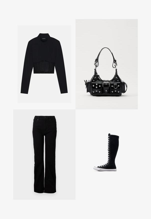 Crop top nero a maniche lunghe con collo alto, pannello in rete trasparente in vita e cuciture strutturate per un design aderente.; Jeans in denim nero con design a gamba dritta, styling a cinque tasche, chiusura frontale con bottone e texture sottile. Nessun motivo o accento visibile.; Sneakers nere alte con un design slanciato, realizzate in tela. Presentano lacci bianchi, cuciture e una suola in gomma con punta rinforzata.; Borsa a mano in pelle nera con design curvo, caratterizzata da borchie argentate, una fibbia e due tasche laterali. Tracolla regolabile per diverse opzioni di trasporto.