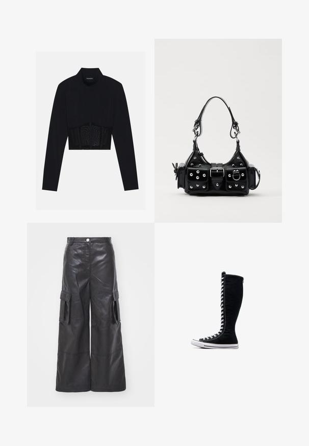 Black long-sleeve crop top featuring a high neck, a sheer mesh panel at the waist, and structured seams for a fitted design.; Black leather cargo pants with a wide-leg design featuring two side pockets and detailed stitching. The fabric has a smooth, glossy texture.; Black high-top sneakers with a tall design, made of canvas. Feature white laces, stitching, and a rubber sole with a toe cap.; Black leather handbag with a curved design, featuring silver studs, a buckle, and two side pockets. Adjustable strap for carrying options.