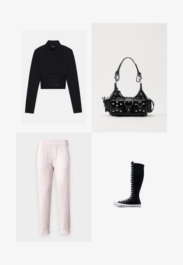 Black long-sleeve crop top featuring a high neck, a sheer mesh panel at the waist, and structured seams for a fitted design.; Light pink sweatpants made of soft material, featuring an elastic waistband, side pockets, and ribbed cuffs at the ankle.; Black high-top sneakers with a tall design, made of canvas. Feature white laces, stitching, and a rubber sole with a toe cap.; Black leather handbag with a curved design, featuring silver studs, a buckle, and two side pockets. Adjustable strap for carrying options.