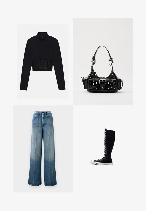 Crna dugorukava cropped majica s visokim ovratnikom, prozirnim mrežastim panelom u struku i strukturiranim šavovima za prilagođeni dizajn.; Svijetloplave, široke traperice od denima. Imaju visoki struk, klasičan dizajn s pet džepova i izblijeđeni gradijent od tamne do svijetle boje.; Crne visoke tenisice s visokim dizajnom, izrađene od platna. Imaju bijele vezice, šavove i gumeni potplat s zaštitom za nožne prste.; Crna kožna torba s zakrivljenim dizajnom, koja sadrži srebrne zakovice, kopču i dva bočna džepa. Podesiva traka za različite opcije nošenja.